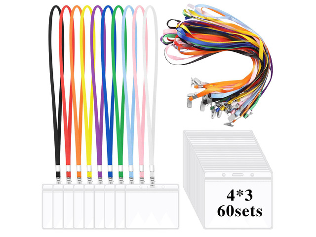 60 Pack Clear Id Badge Holders with Lanyards, Horizontal, 10 Colors Waterproof Pvc, Resealable Zipper, 4.3 x 3.1 In Inner Size, Soft Neck Lanyards,...
