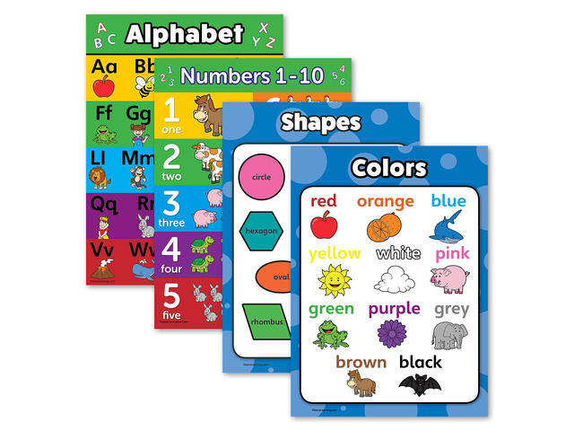 4 pack - ABC Alphabet + Numbers 1-10 + Shapes + Colors Poster Set - Toddler Educational Charts (LAMINATED, 18' x 24')