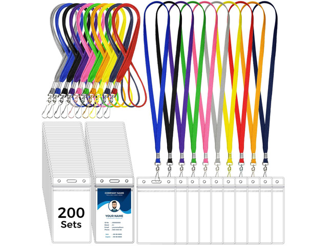 200 Set Name Tag Lanyards with ID Holders Bulk Multicolor Clear Plastic ID Name Badge Holders Cruise Lanyards Clip Waterproof for Adult Kid...