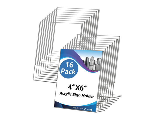 Acrylic Sign Holder 4x6 Inches, 16 Pack Clear Plastic Table Flyer Display Stand, L-Shape Vertical Menu Paper Holder Stand, Clear Picture Photo...