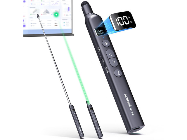 N21 Bluetooth Presentation Clicker with Telescopic Teaching Pointer Green laser pointer for presentations, Retractable pointer with touch pen,...