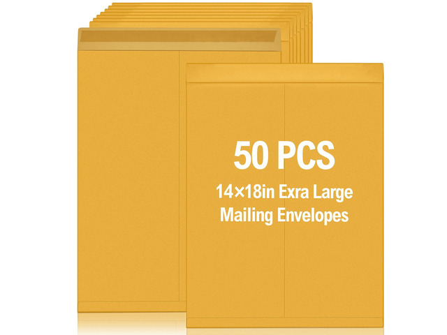 50 Pcs 14'' x 18'' Large Mailing Envelopes 32lb with Gummed Flaps Yellow Heavyweight Kraft Paper, Catalog Jumbo Size for Documents, Office Storage...