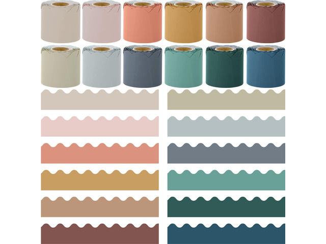 Boho Colors Classroom Borders - 12 Rolls, 393.6 Feet Scalloped Trim for Bulletin Boards and Decorations