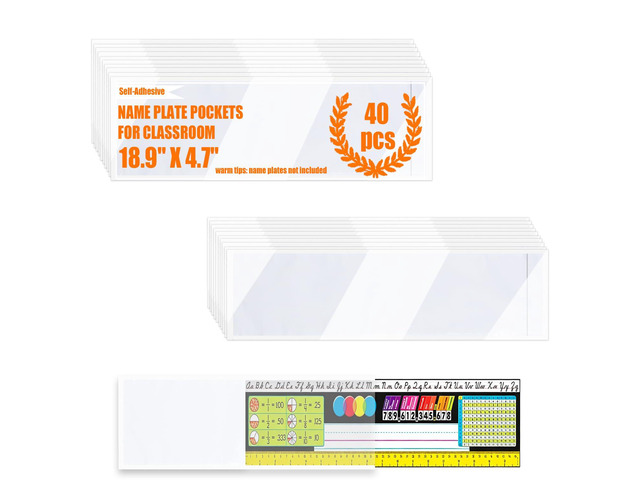 40 PCS Nameplate Pocket - 18.9' x 4.7'Thicken PVC Name Tag Sleeves Holder Easy Use & Remove, Clear,scratch-proof, waterproof, no-residue adhesive for...