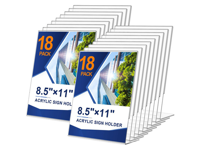18 Pack Acrylic Sign Holder 8.5 x 11, Plastic Clear Display Stand for Tabletop, L-Shaped Vertical Acrylic Paper Holder for Menu, Flyers, Office,...