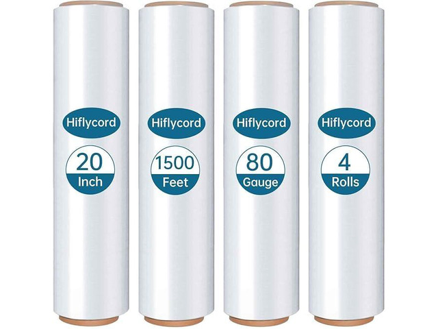 Stretch Film Shrink Wrap Roll 20' x 1500FT, Heavy Duty Stretch Wrap 4 Pack 80 Gauge Clear Pallet Wrap, 800% Industrial Stretch, Self-Adhesive...