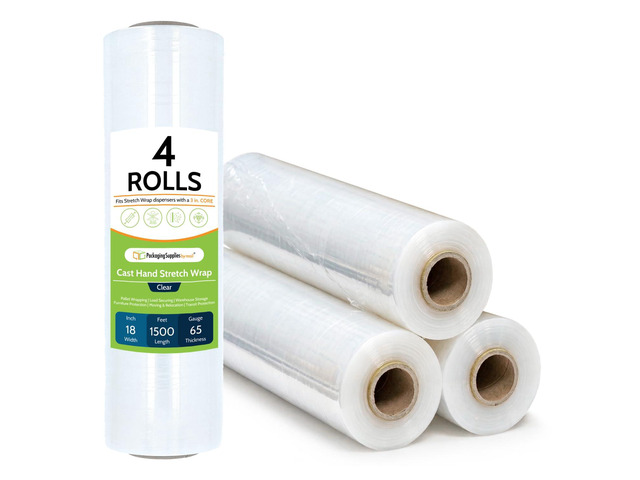 PSBM Cast Hand Plastic Stretch Wrap/Shrink Film 18' x 1500 Ft 65 GA 4 Rolls Stretch Wrap Heavy Duty Plastic Packaging with Industrial Strength...