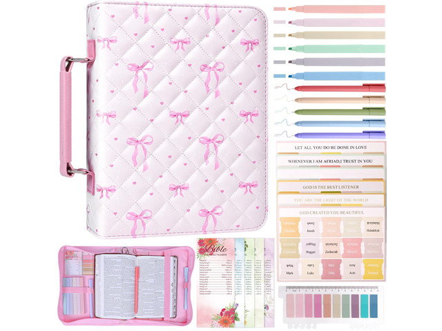 Bible Cover Case for Women Leather Bible Bag Kit Church Book Holder Pink Bow Quilted Journaling Kit Portable Carrying Organizer w/Handle, Tabs,...