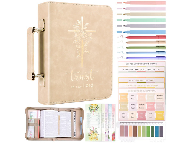 Bible Cover Case for Women Leather Bible Bag Kit Church Book Holder Apricot Journaling Kit Portable Carrying Organizer with Gold-Foiled Cross,...