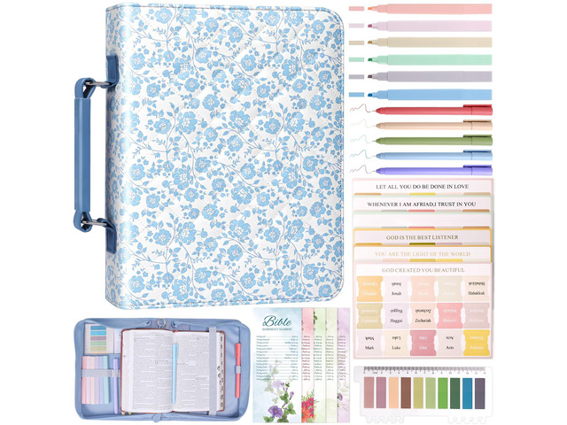 Bible Cover Case for Women Leather Bible Bag Kit Church Book Holder Blue Flower Quilted Journaling Kit Portable Carrying Organizer w/Handle, Tabs,...