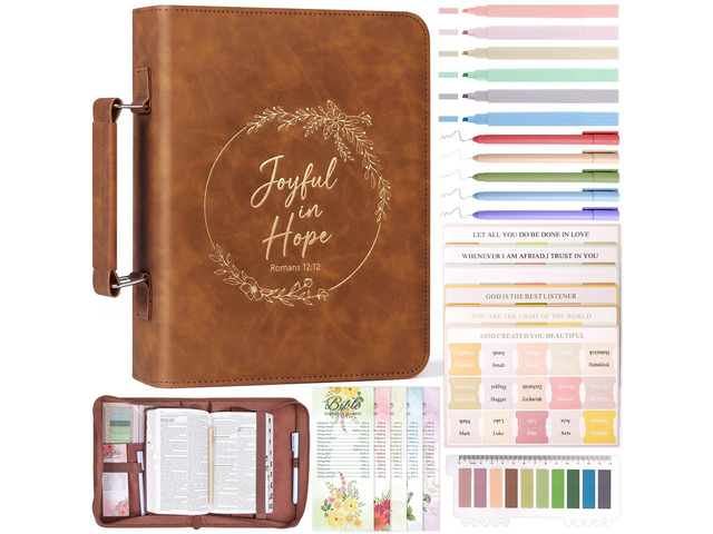 Bible Cover Case for Women Leather Bible Bag Kit Church Book Holder Brown Journaling Kit Portable Carrying Organizer with Gold-Foiled Wreath,...