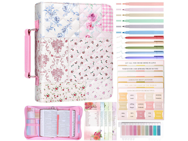 Bible Cover Case for Women Leather Bible Bag Kit Church Book Holder Floral Patchwork Quilted Journaling Kit Portable Carrying Organizer w/Handle,...