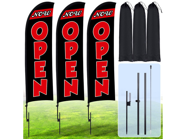 3 Sets 12 ft Now Open Feather Flag Pole Kit for Business Advertising Open Flag Banner Sign with Pole Kit Ground Stake and Portable Bag for Outside...