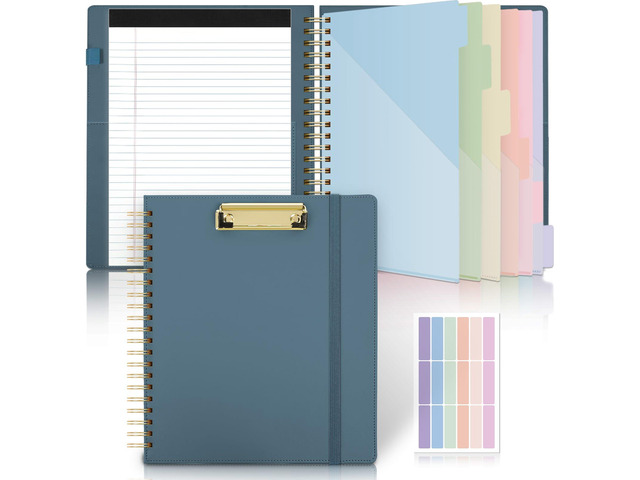 Storage Clipboard Folder with 6 Dividers & Refillable Notepad 6 Dividers with 12 Pockets for Letter Size, Spiral Clipboards Padfolio for Teacher...