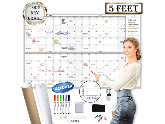 Large Dry Erase Wall Calendar 60' x 38' - Premium New Laminate - Blank Undated, Reusable & Erasable 4 Month Planner -Classroom, Office, Project &...