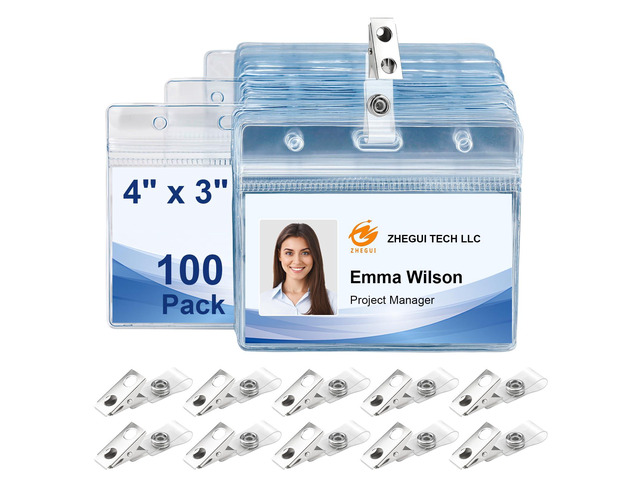 Clear Horizontal 4x3 Name Tag Holders 100 Pack with Metal Clips, Bulk Waterproof PVC ID Badge Holder, Heavy Duty Plastic Name Badge Holders for...