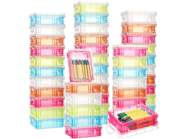 50 Pcs Plastic Crayon Box with Lid 4.8 x 3.4 x 1.6, Multi Colors Small Crayon Storage Containers Bulk, for Office School Classroom, Art Crafts Pen...
