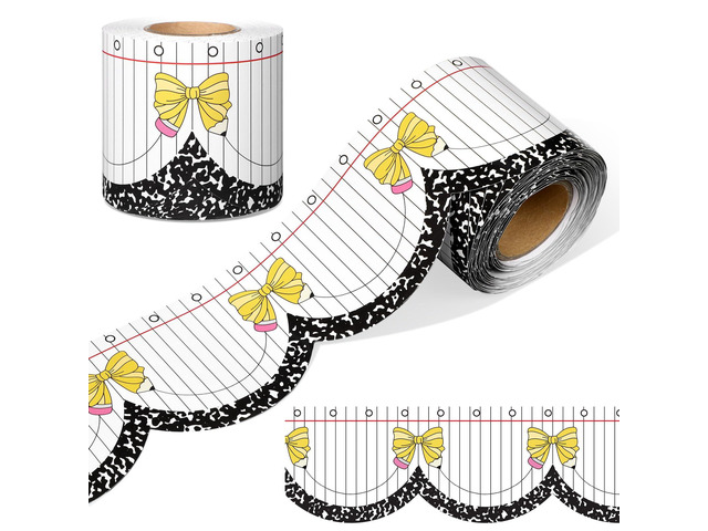 65ft Pencil Bow Composition Scalloped Bulletin Board Border Back to School Classroom Decor, Yellow Bow Notebook Style Decorative Trim, Teacher...