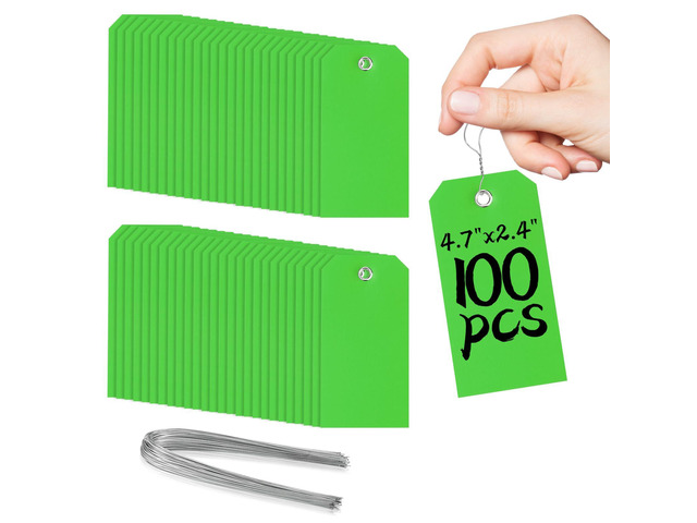 100 Green Tags with Wires - Waterproof, Writable, Neon - 4 3/4' x 2 3/8' Heavy Duty Shipping Tags for Luggage, Parts, Machines