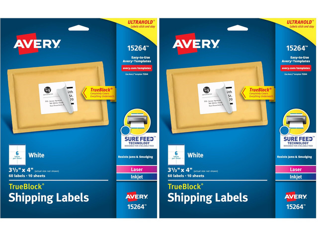 Printable Shipping Labels, Sure Feed Technology, 3-1/3' x 4', White, Laser/Inkjet Printable, 60 Blank Mailing Labels (15264) (Pack of 2)