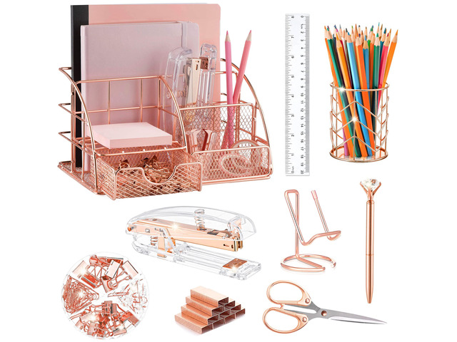 Rose Gold Desk Organizers and Accessories Office Supplies Set Stapler, Pen Holder, Phone Holder, Scissors, Pen, Ruler, 30 Paper Clips, 22 Binder...
