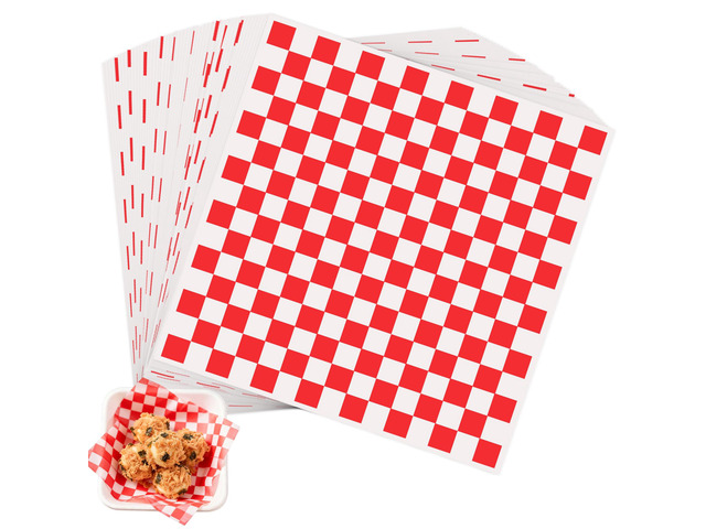 100pcs Waxed Deli Paper Sheets, 7x7' Food Basket Liners for Sandwiches, Burgers. Classic Checkered Deli Wrap Wax Paper Sheets by Neyimqr (Red)