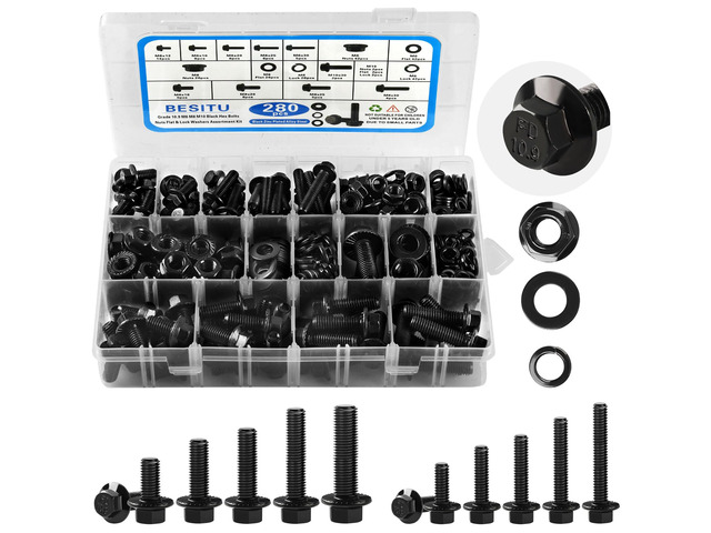 280Pcs Metric Flange Bolt Assortment, M6x1.0, M8x1.25, M10x1.5 (12mm to 30mm) Assorted Hex Bolts and Nuts Washers Kit for Automotive, 10.9 Black...
