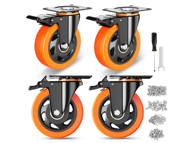 4 Inch Caster Wheels, Casters Set of 4 Heavy Duty with Brake Polyurethane, Dual Lock Industrial Swivel Plate Mount for Furniture/ Workbench/Cart,...