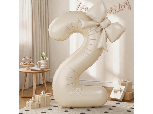 C Cream 2 Balloons with Bow Balloons, 40 Inch Giant Self Inflating Beige Foil Numbers 0-9 with Bow Balloon for 2th Birthday Balloon for Girls...