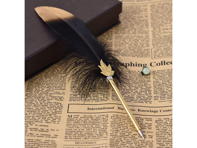Quill Pen Vintage Feather Calligraphy Pen Refined Quill Ballpoint for Writing Signature or Gift Wedding Bridal (Black)