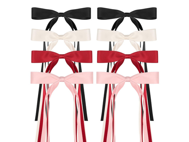 8 PCS Silky Satin Hair Bows with Tassel for Women Grils, Tassel Ribbon Bowknot Hair Clips for Ponytail Holder. Pink, Red Hair Bow and Black, White...