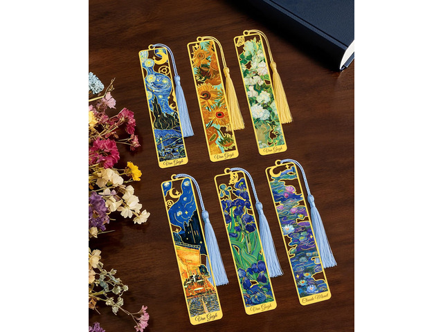 6 Pieces Metal Bookmarks with Tassel, Golden Hollow Bookmark Oil Painting Van Gogh Monet Theme Book Mark Bookmarks for Book Lovers Writers Readers...