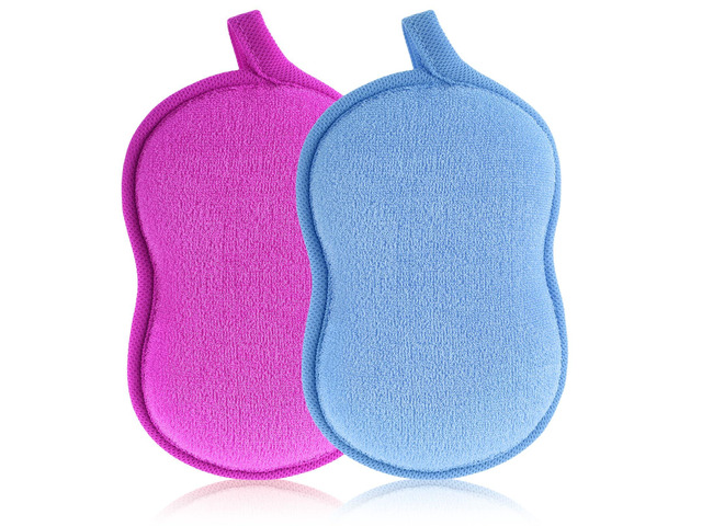 2 Pcs Soft Bath Sponge, Soft Gentle Exfoliating Shower Sponge Plant Fiber Sponges Loofah for Bath Comfort Bathing Tool for Women Men(Purple, Blue)
