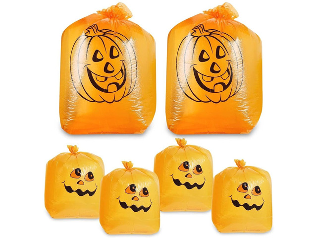 Trash Bags - 6-Pack Orange, 8-Gal (24 x 30 In) & 34-Gal (36 x 48 In) - Pumpkin-Printed Decorative Leaf & Yard Waste Collection - Garden Trash Bags