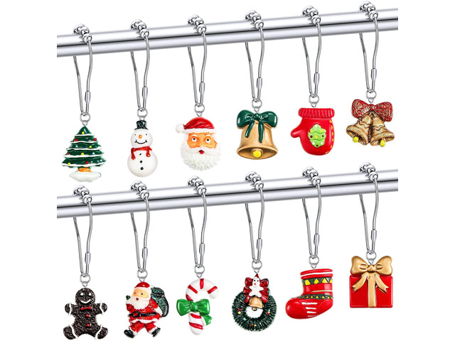 12 Pcs Christmas Shower Curtain Hooks Resin Rustproof Set Santa Snowman Gingerbread Bell Wreath Designs, Stainless Steel Rustproof, Christmas...