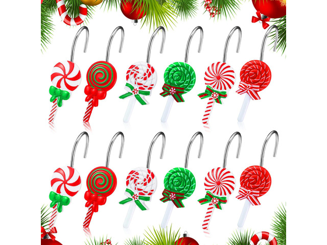 12 Pcs Candy Shower Curtain Hooks 6 Styles White Green and Red Peppermint Lollipop Candy Cane Xmas Rustproof Hangers Hooks Holiday Curtain Rings...