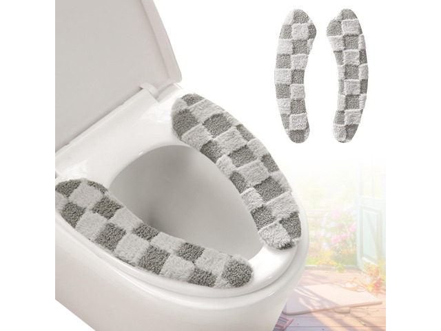 Thick and Warm Plush Toilet Seat Cover Washable, Reusable Cushion with TPR Adhesive & Checkered Pattern for Comfort & Insulation (Grey)