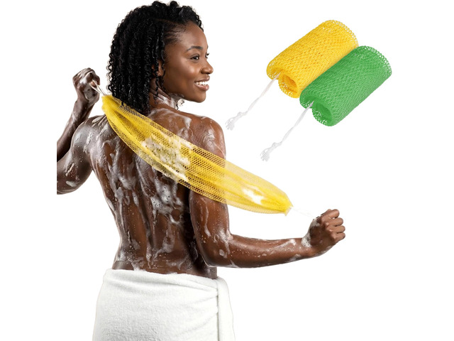 African Net Sponge Authentic, 2 Pack Exfoliating Bath Sponge for Shower, Long Mesh Body Scrubber & Back Washer for Women and Men, Gentle Scrubber...