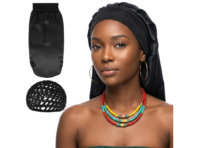 Long Hair Bonnet Mesh Wrap Caps Set Silk Press Braid Bonnet for Sleeping Anti Frizz Soft Reusable Elastic Shower Cap for Braids, Curly Hair (Black...