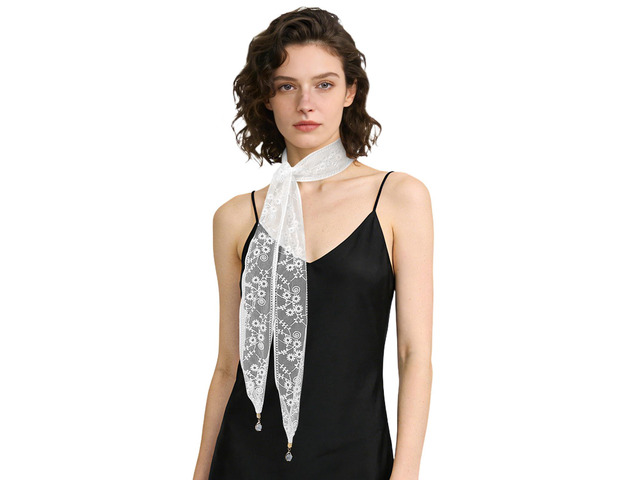 GERINLY White Lace Scarf Ribbon Neckerchief Thin Boho Lace Waist Belt Bridal Neck Scarfs Headband Embroidery (Y-White)