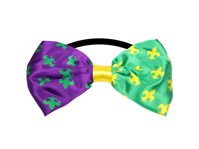 Mardi Gras Bow Tie, Purple, Green, and Gold Tone with Elastic Bowtie, Party Accessories, One Size (Fleur De Lis)