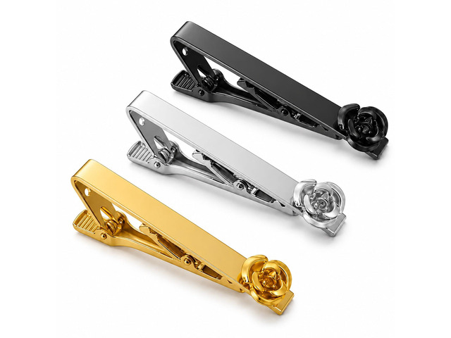 Tie Clips for Men 3-Pack Rose Flower Design, Anti-Rust, Scratch-Resistant, 2.16 Inch, Gift for Fathers, Husbands, Boyfriends, Grooms, Best Men,...