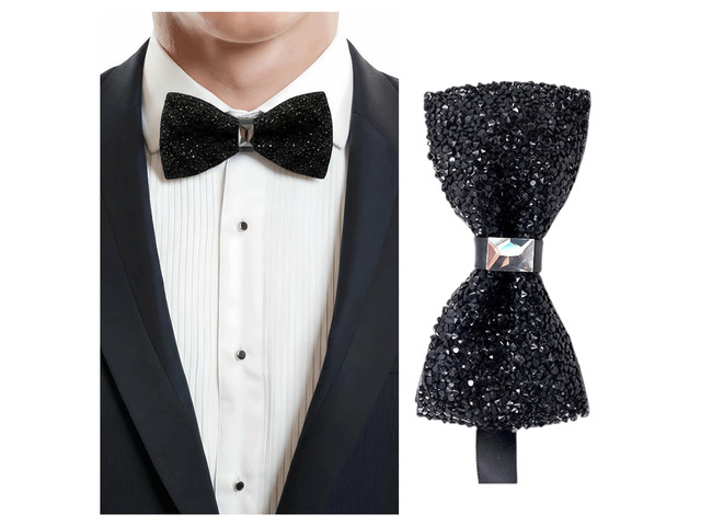 Black Rhinestone Bow Tie for Men Pre-Tied, adjustable, lightweight. Crystal bowties, sequin neck ties for wedding prom banquet costume