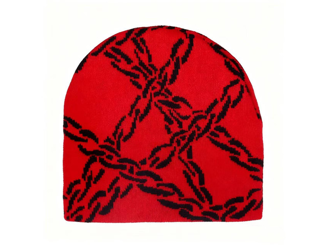 KEEPFLY Women Y2k Beanie Hat Winter Knitted Hat Skull Cap Stylish Chain Pattern Beanie Hats for Women Men,Chain Red