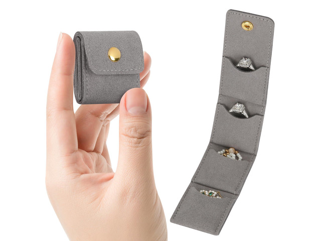 Mini Travel Jewelry Organizer Bag (Grey) Foldable 4 Compartment, Gym Jewelry Holder Case, Ring Earring Necklace Storage Roll Pouch, Gift for Women