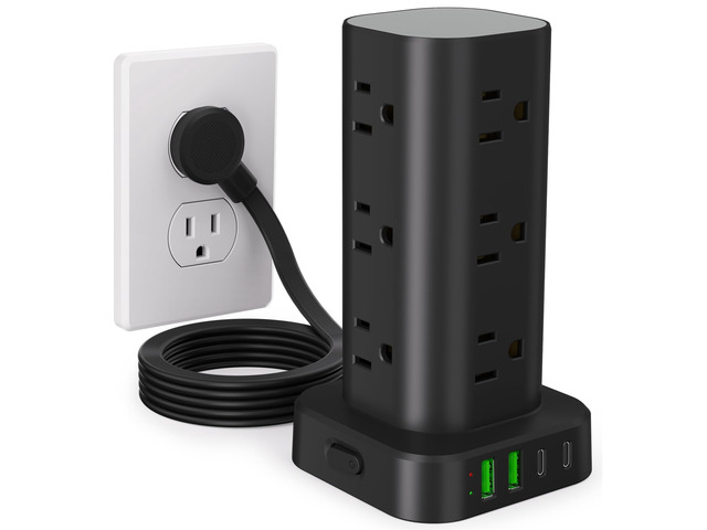 6FT Power Strip Tower Surge Protector, 12 Wide Spaced Outlets, 4 USB 16-in-1 Desktop Charging Station with 2USB-C,2USB-A, Flat Plug, 6FT Cord,...