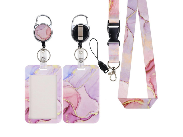 Marble ID Badge Holder Vertical Id Card Clip with Detachable Keychain Lanyard & Retractable Badge Holder Reel for Women Name Tag Badge Clip for...