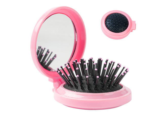 2 Pieces Folding Travel Mirror Hair Brushes, Pocket Hair Comb, Hair Brush with Mirror, Round Mini Hair Brush for Women and Girls (Pink)