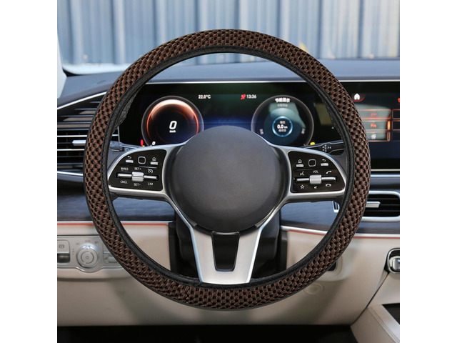 Elastic Stretch Steering Wheel Cover, Anti-Slip, 15inch, Coffee Microfiber Odorless Breathable Ice Silk Car Steering Wheel Protector, Easy Carry,...