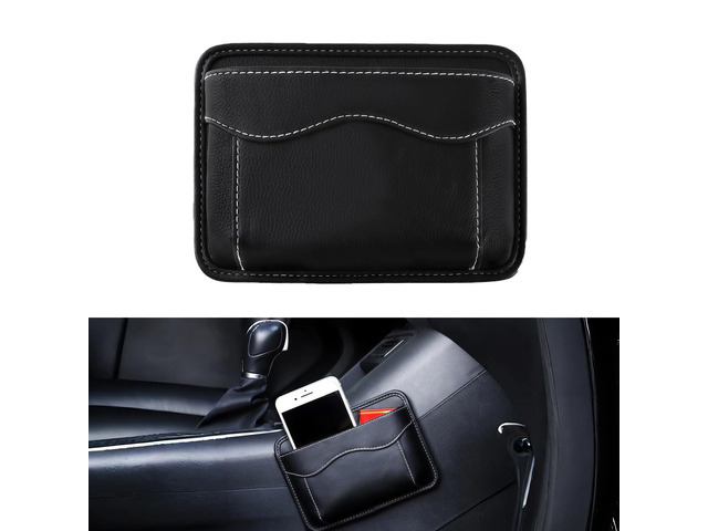 Car Seat Side Pocket Organizer, Small Car Storage Bag, Black PU Leather Auto Door Console Seat Side Storage Bag, Reusable Adhesive, Vehicle...